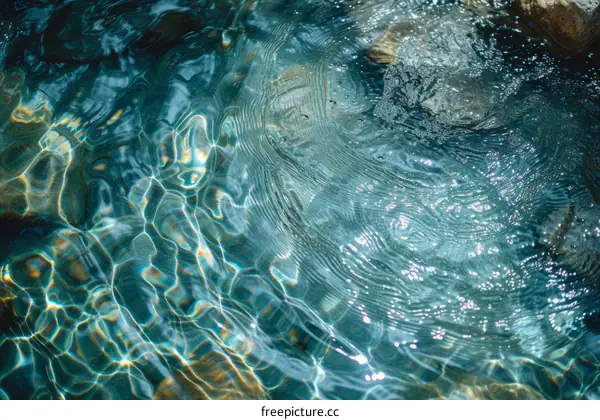 Blue water surface with sun reflection and caustics