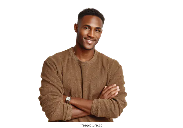 [Transparent Background PNG]Confident African American Man in a Brown Sweater