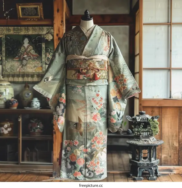 A kimono with a floral pattern and a traditional obi
