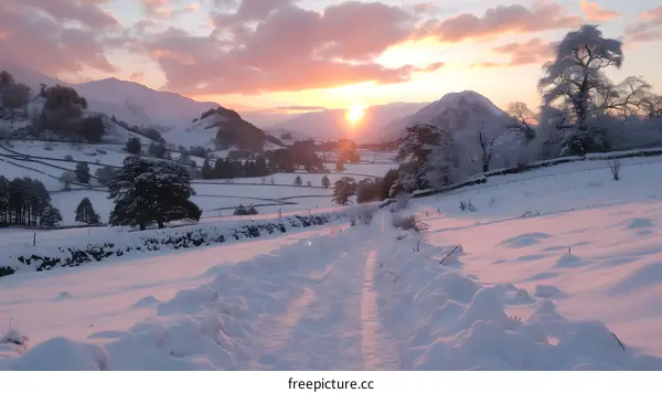 Snow covered mountain landscape at sunset