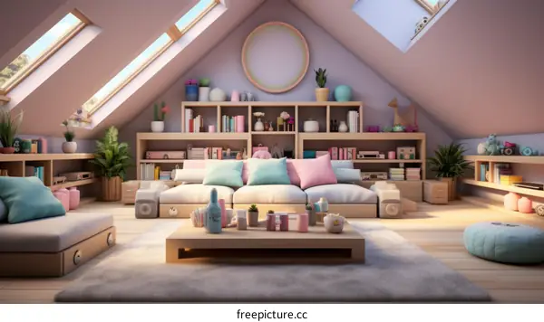 Cozy and bright attic room with sofa, coffee table, bookshelves, and plants