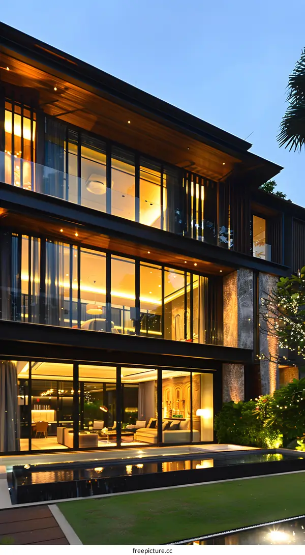 Modern Architecture Design Luxury House With Pool In Evening