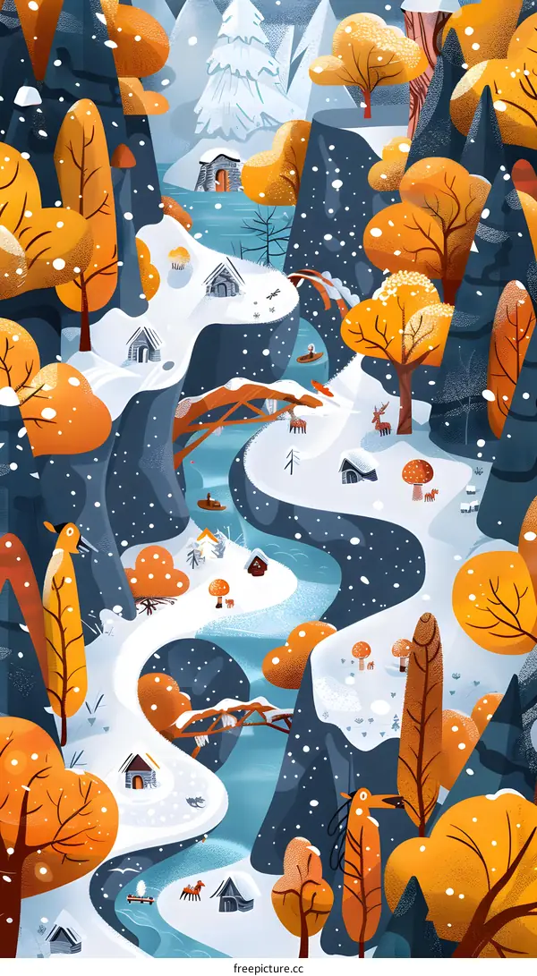 Snowy Winter Wonderland Illustration with River and Mountains