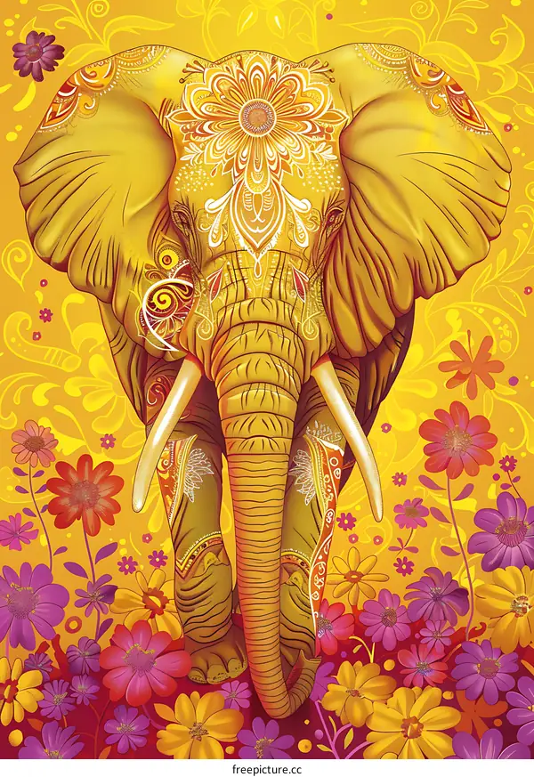 Golden Elephant with Floral Pattern