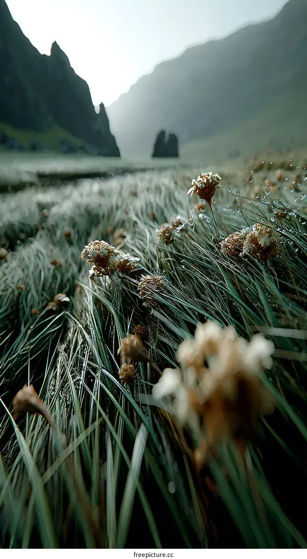 Misty Mountain Meadow with Wild Flowers