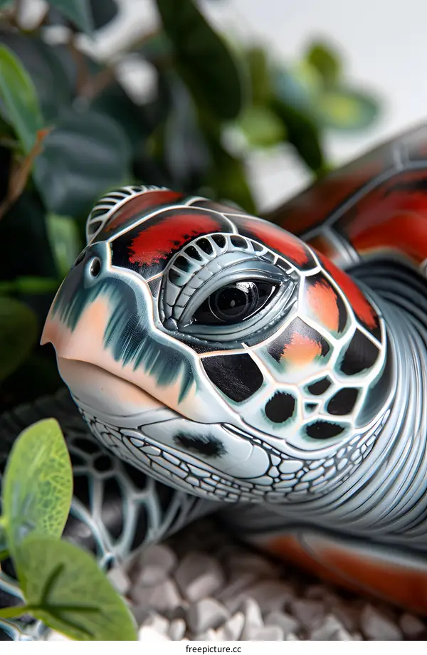 A close-up of a realistic painted turtle sculpture with green foliage in the background