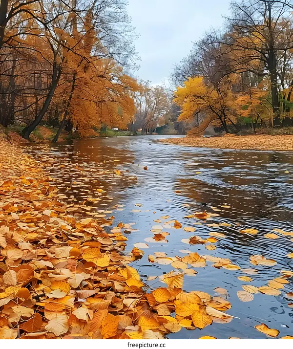 Fallen leaves floating on a river in autumn
