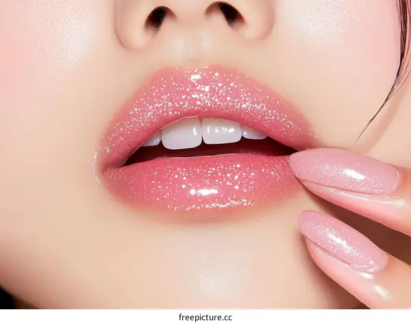 Closeup of Glowing Lips and Manicured Nails
