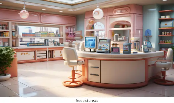 Drugstore interior with pink walls and counters