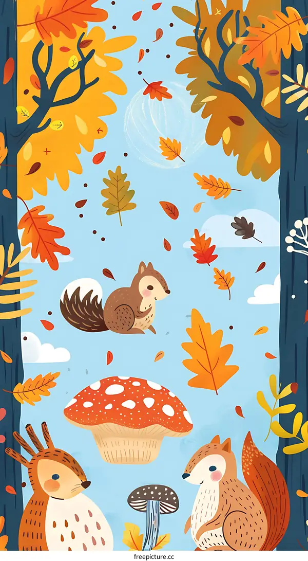 Autumn Forest Illustration With Cute Animals