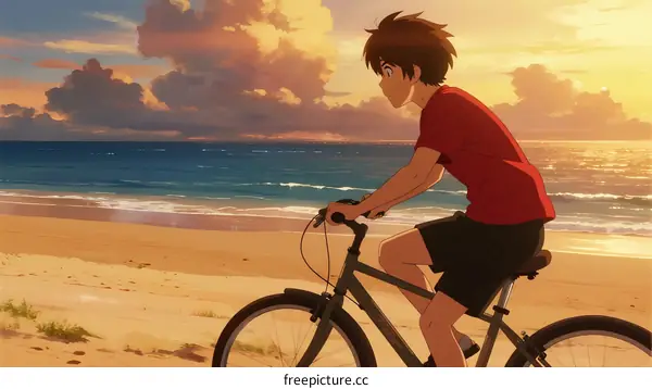 A Young Man Cycling Along a Scenic Beach at Sunset