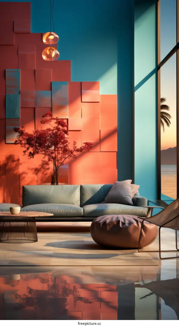 A modern living room with a large window looking out onto the ocean