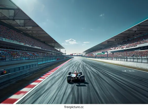 Formula One car racing down a track with grandstands full of spectators