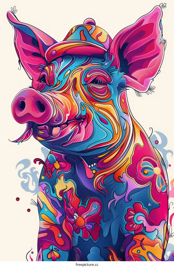 The Psychedelic Pig with Floral Tattoos and a Cap