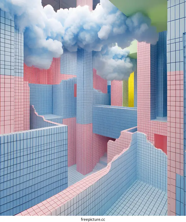 Abstract Gridded Building Interior with Clouds