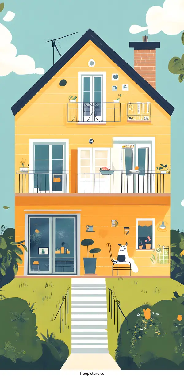 Yellow Two Story House with White Fence