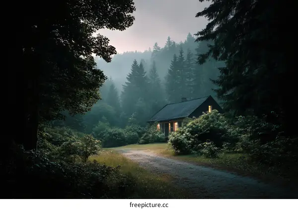 Misty Forest Cottage at Dusk