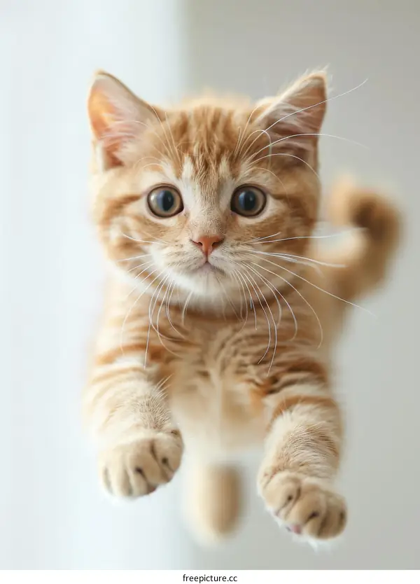 A ginger kitten is jumping up with its paws outstretched