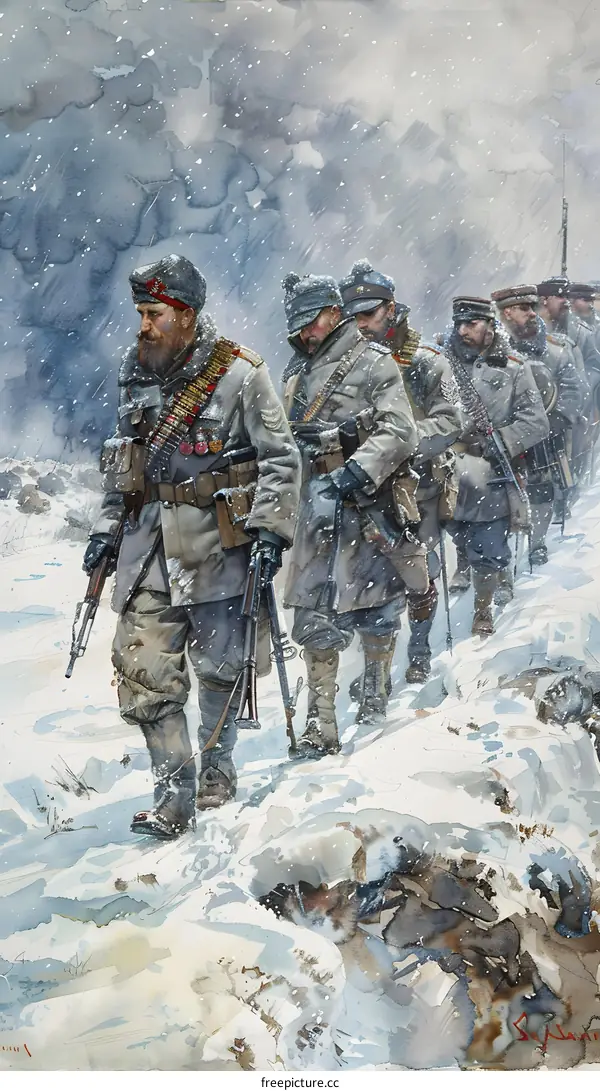 A group of soldiers wearing winter gear and carrying rifles march through the snow during World War I