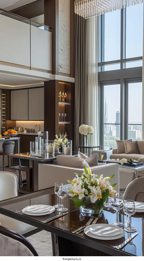 Modern luxury dining room and living room with floor to ceiling windows