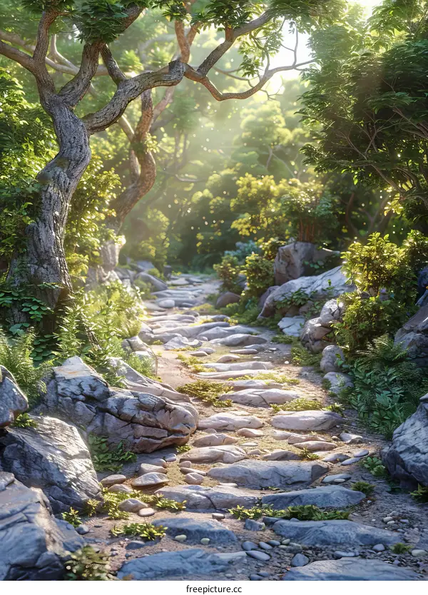 Mystical Forest Path with Sunlit Rocks and Trees