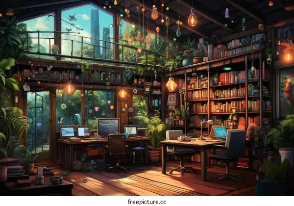 Cozy home office with a view of the city