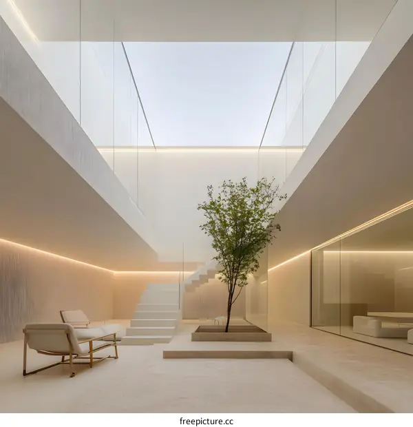 Minimalist Interior Design with a Skylight and a Tree