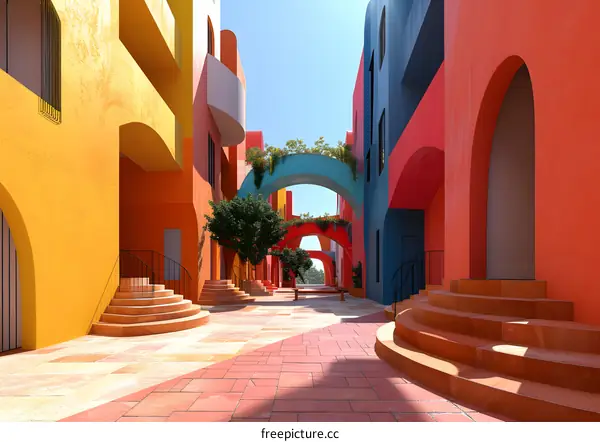 Colorful Buildings in a Street with Arches