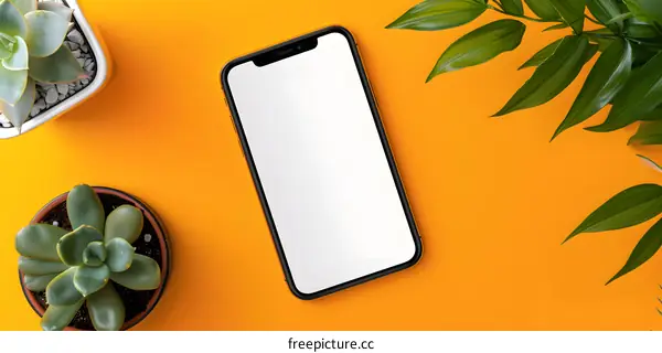 Smartphone with White Screen and Green Succulents on a Yellow Background