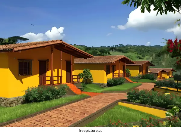 Yellow Cottages with Red Tile Roofs and Green Landscaping