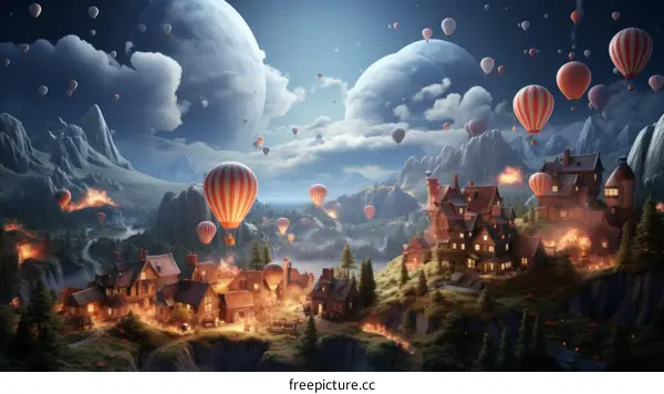 Fantasy Village in the Mountains with Hot Air Balloons