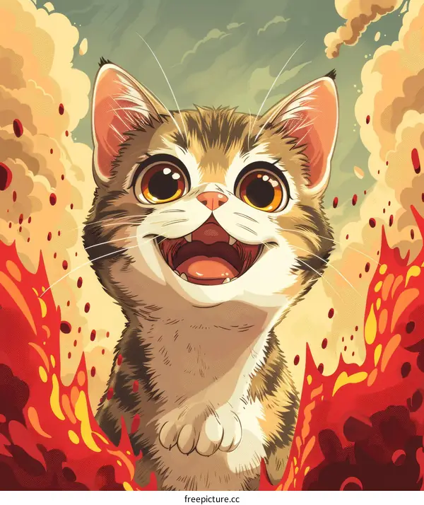 A cute cat is surrounded by red clouds