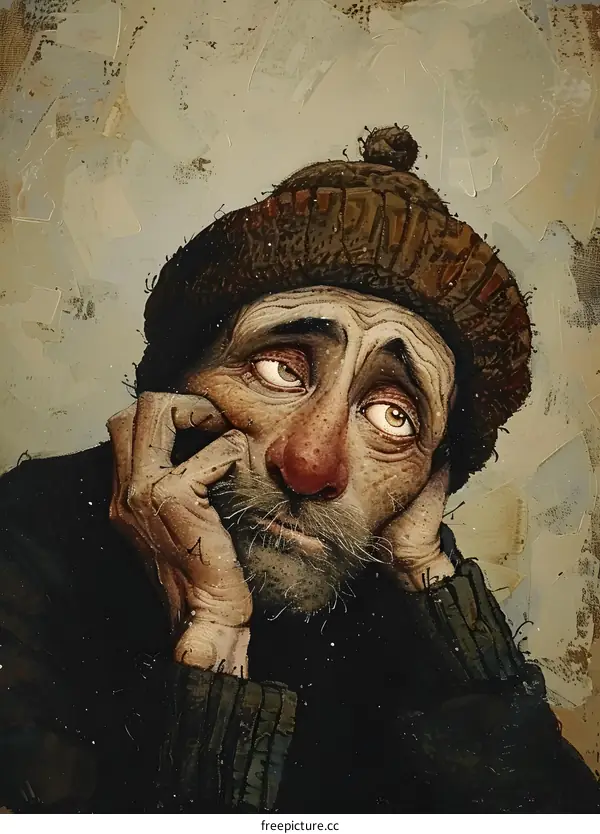 An old man with a red nose and a brown hat is resting his head on his hands