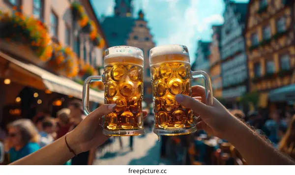 Two people toasting beer mugs in a German city