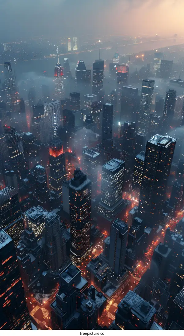 Aerial View of a City at Night with Fog