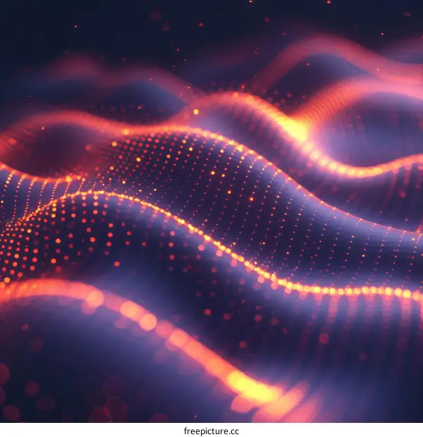 Abstract glowing orange wave of particles on dark blue background