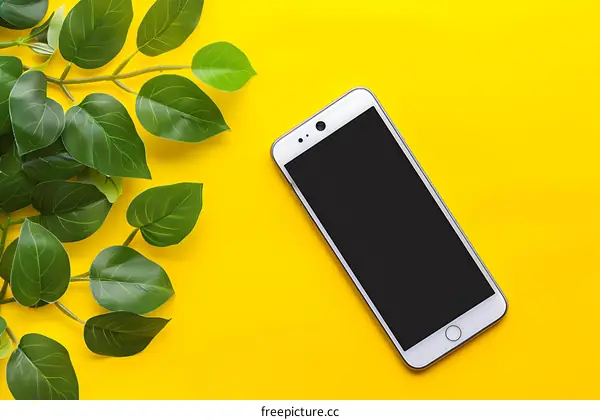 Minimalist Flat Lay Smartphone with Green Leaves on Yellow Background