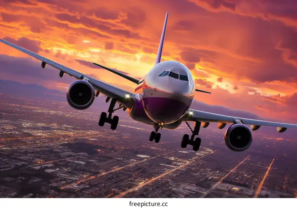 airplane flying over city at sunset