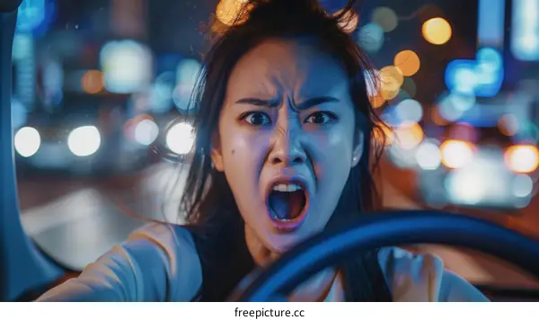 Asian woman driving car at night and looking scared