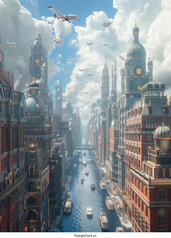 Futuristic Aerial Cityscape with Flying Vehicles