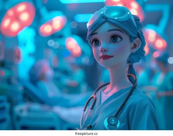 A female surgeon in blue uniform standing in the operating room