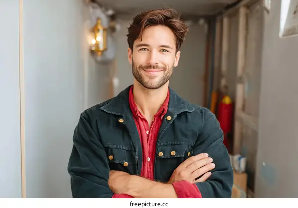 A Young Man with Crossed Arms Smiling in Indoor Setting