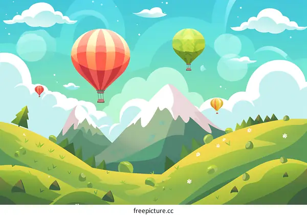 Colorful Hot Air Balloons Flying Over Green Hills And Mountains