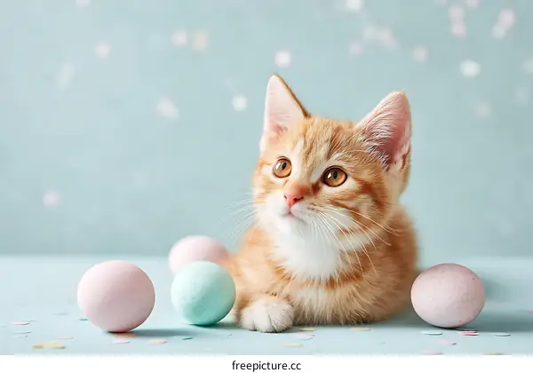 Cute Kitten with Easter Eggs on Pastel Background