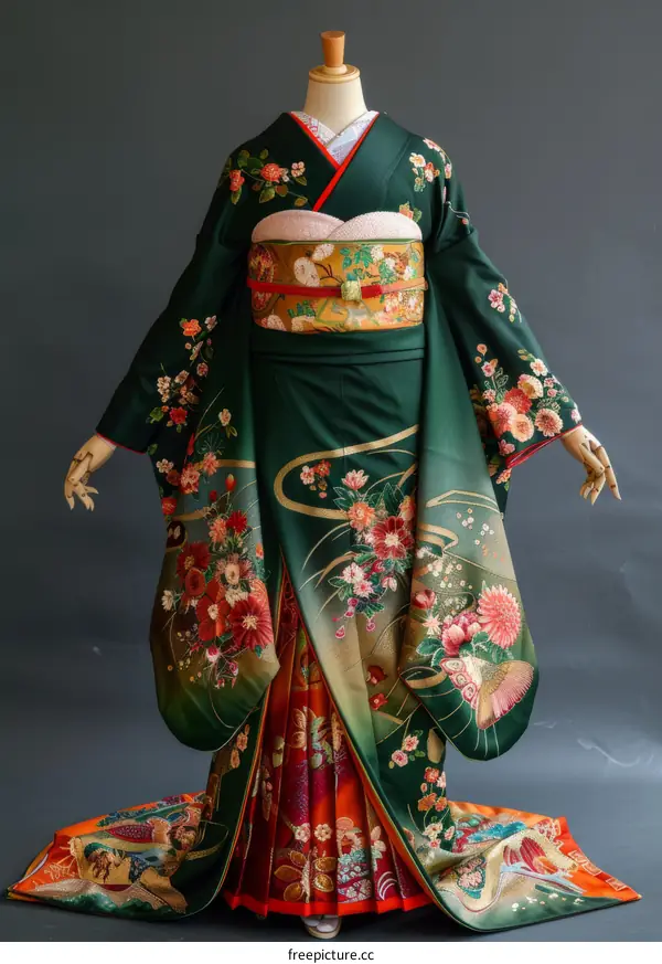 A woman wearing a green kimono with floral patterns