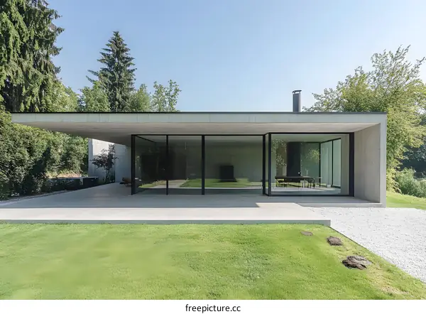 Modern Concrete House with Glass Walls and Green Lawn