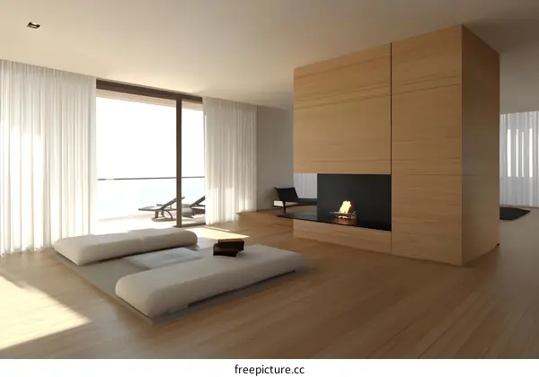 Minimalist Living Room Design with Fireplace and Ocean View