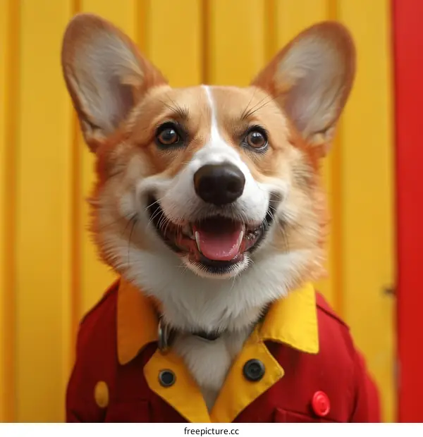 A happy corgi dog wearing a red and yellow jacket