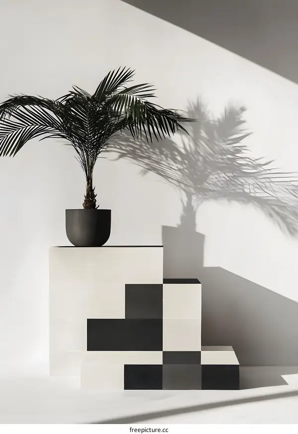 Minimalist Interior Design with Palm Tree and Geometric Blocks