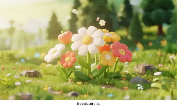 Vibrant 3D Rendered Flowers on Lush Green Grass Field